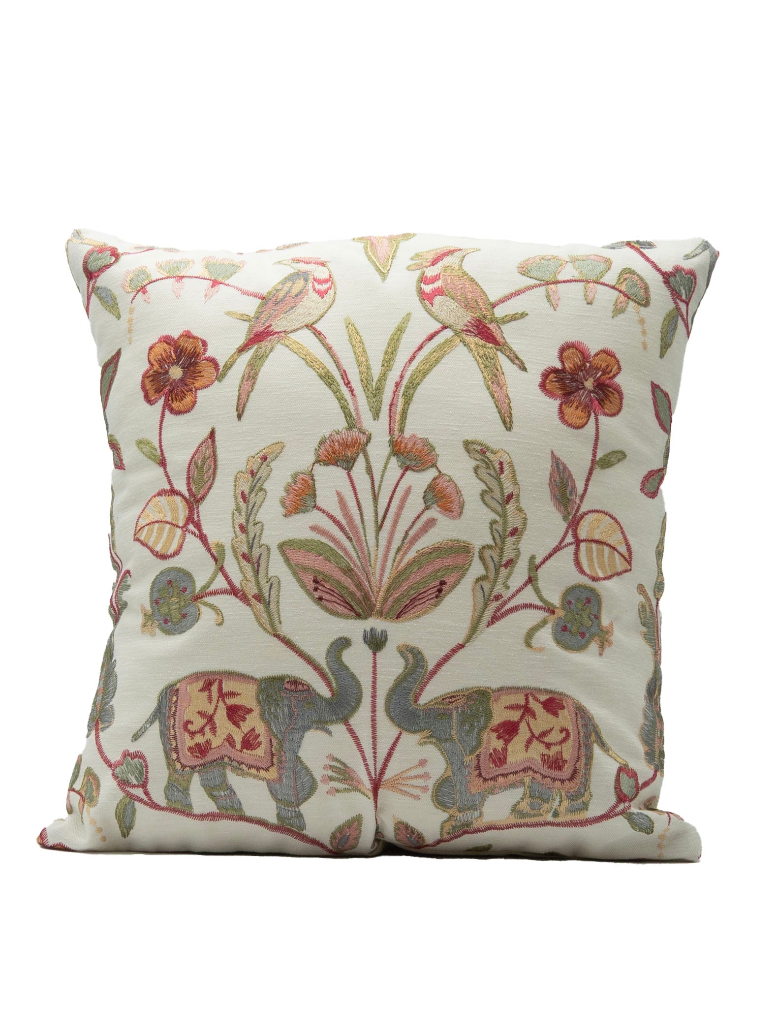 16" Cushion Embroidered Elephant with Birds and Elephant