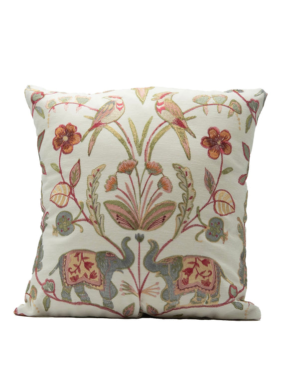 16" Cushion Embroidered Elephant with Birds and Elephant