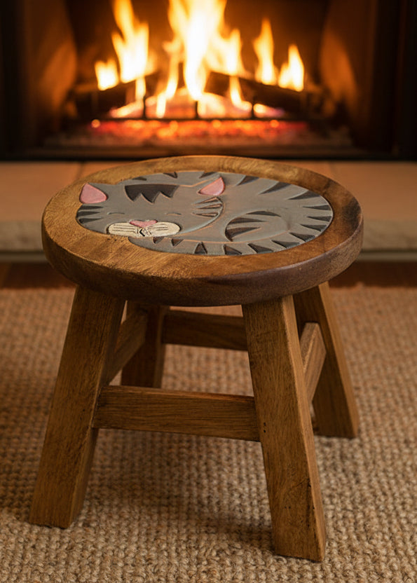 Sleeping Grey Cat Stool